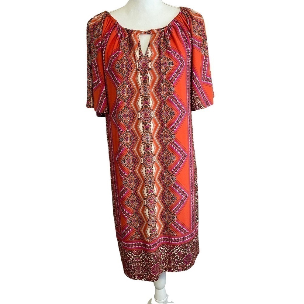 Chico’s Dress Orange and Pink Pattered Midi Key Hole Front Looose Style Size 1